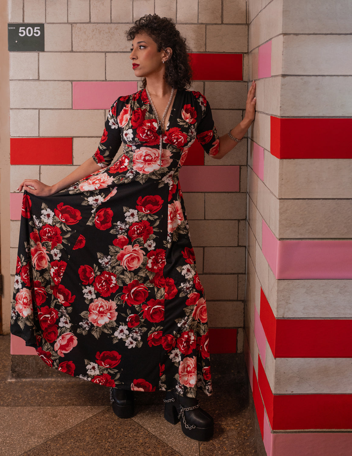 Raquel 3/4 Sleeve Maxi Dress in Red Rose Print 4X