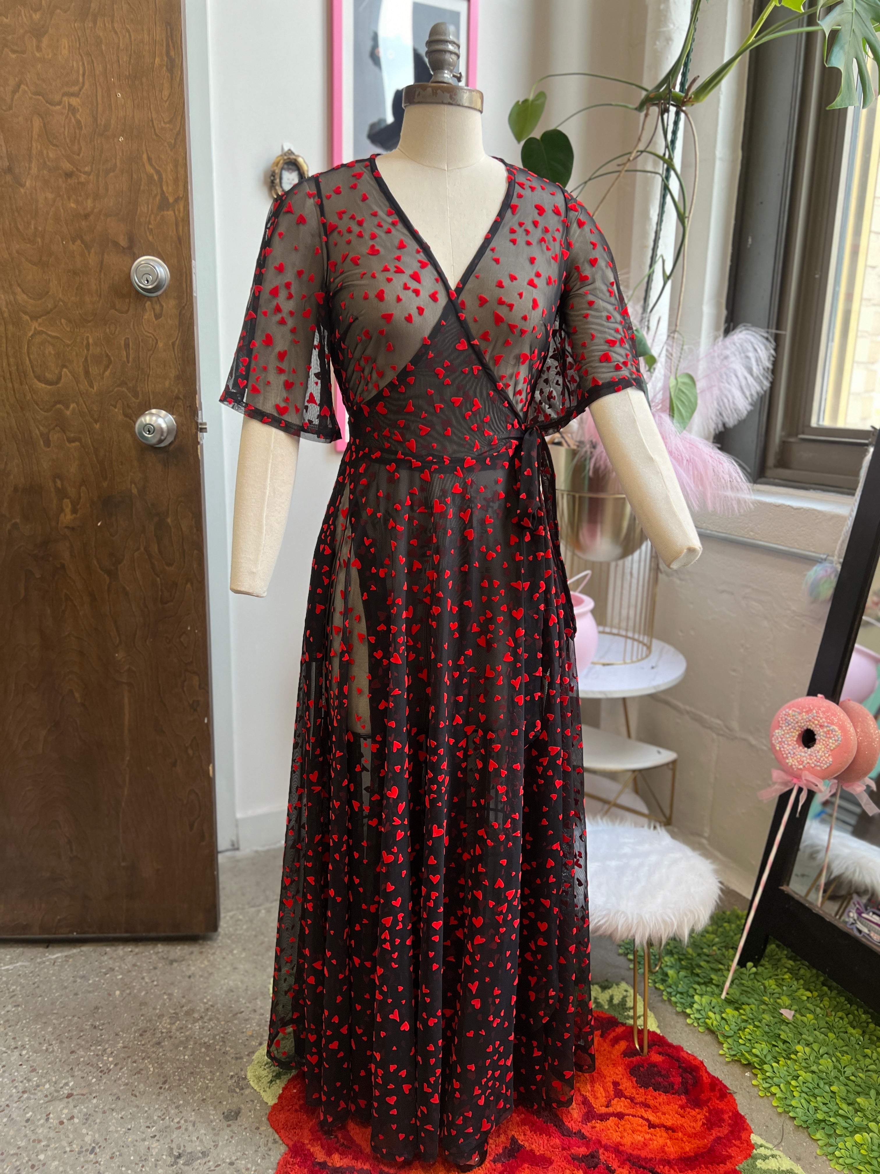 Black Lydia wrap dress in Flocked Spiderwebs