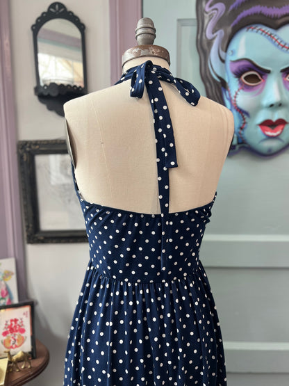 FLAWED Vivian Halter Dress in Navy and White Polka Dot