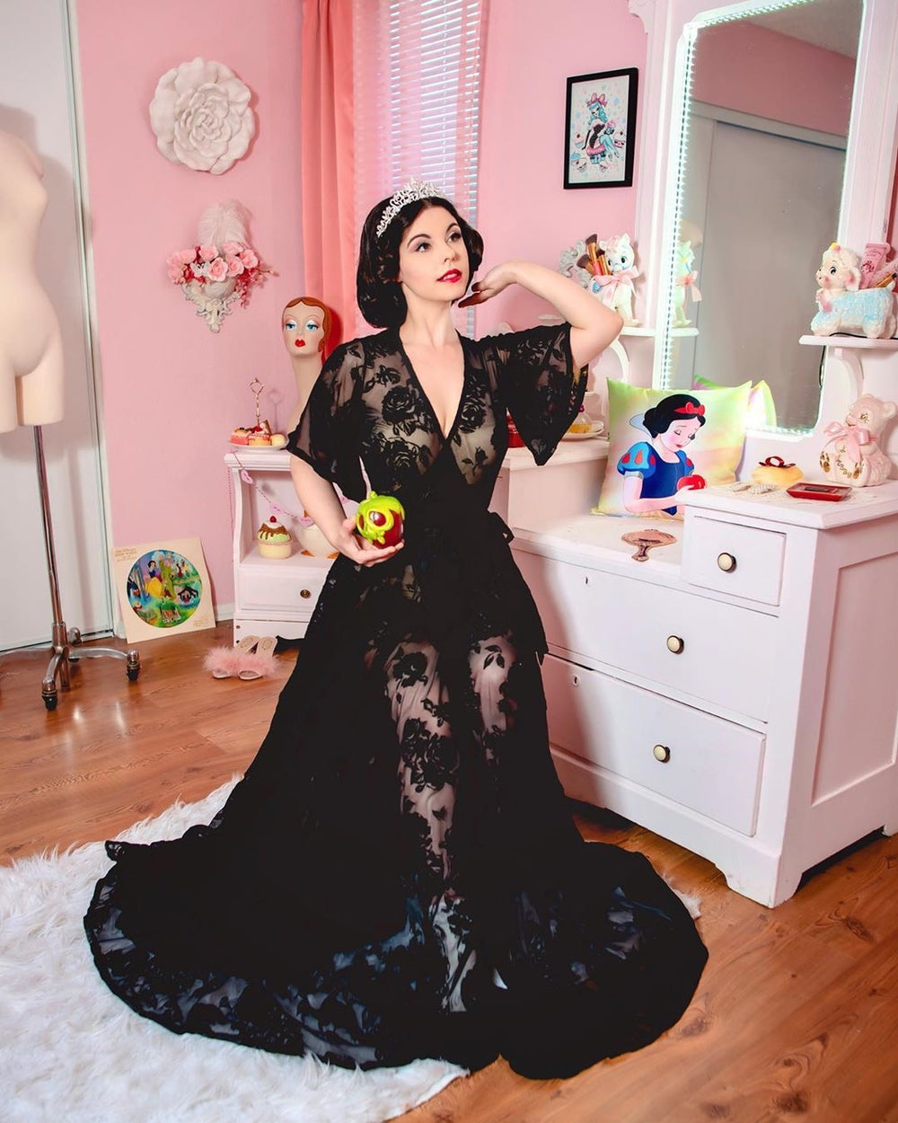 PRE ORDER* Lydia Wrap Dress in Flocked Rose Black Mesh