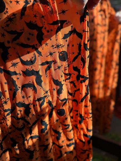 Lydia Wrap Dress in Queen of Halloween Orange Flocked Mesh