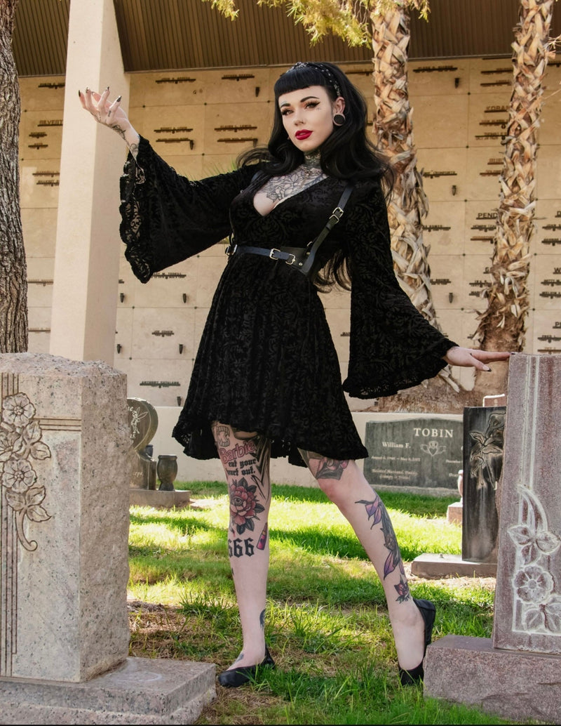 Witchwood Bags Nyx - Bell Sleeved Velvet Damask Dress with Harness