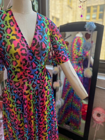 *PRE ORDER* Lydia Wrap Dress in Rainbow Leopard Mesh