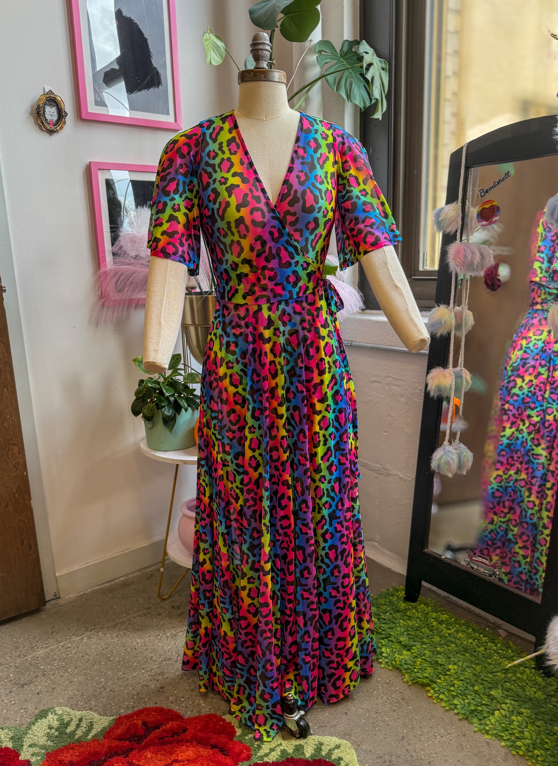 colorful wrap dress Lydia Wrap Dress in Neon Leopard Mesh 4X