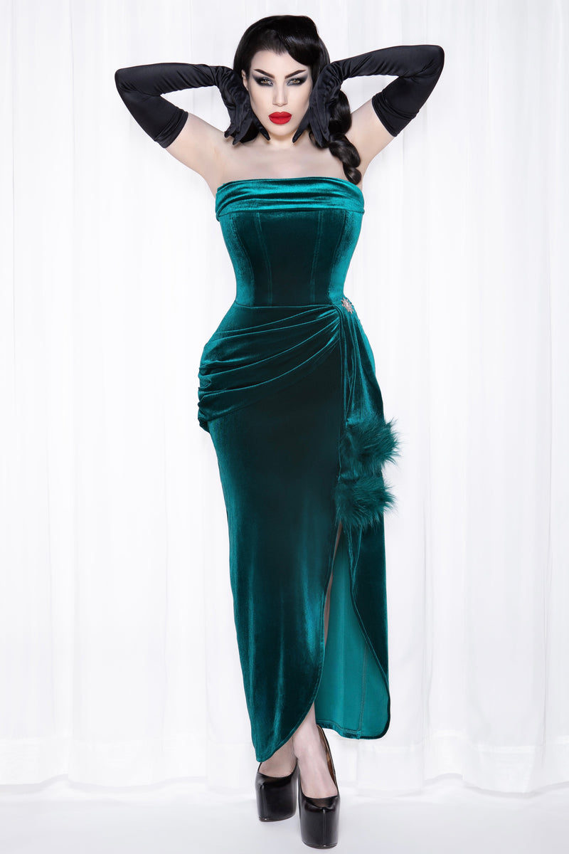 Weasel Wear Phantom Emerald Velvet Swag Gown / Emerald Stretch Velvet Gown with Draped Neckline & Starburst Brooch (Jewel of the Night Edition)