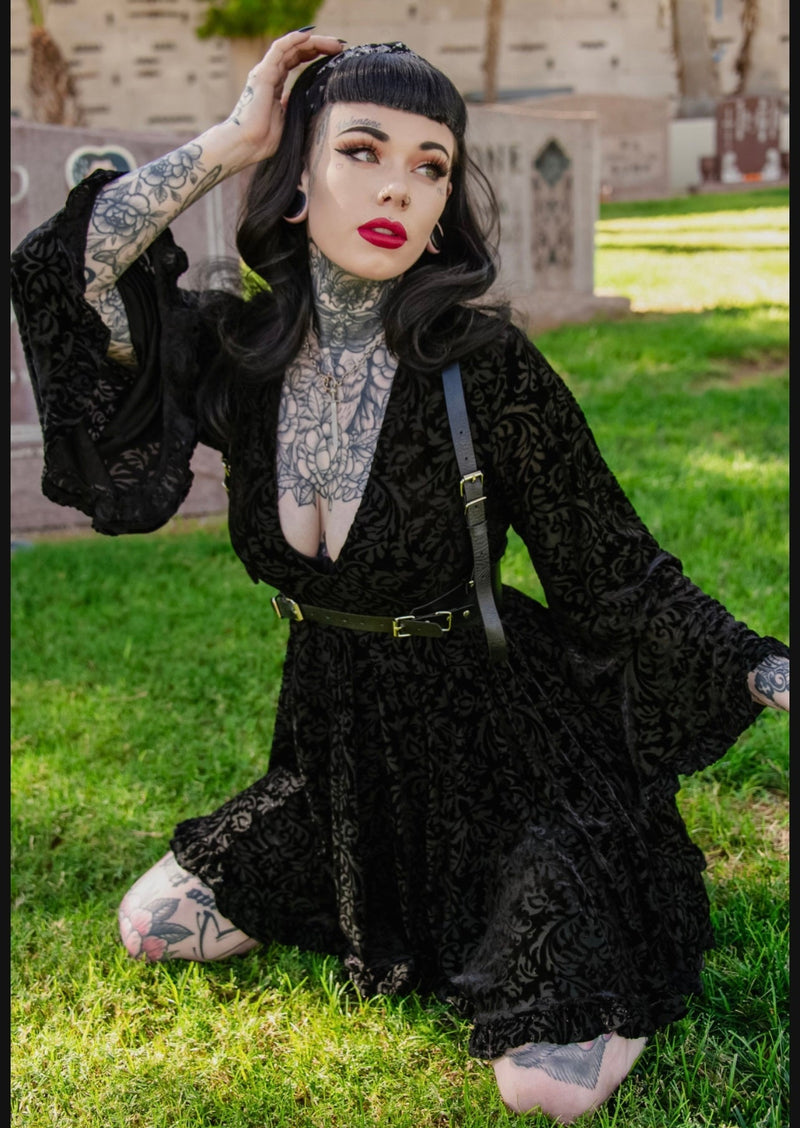 Witchwood Bags Nyx - Bell Sleeved Velvet Damask Dress with Harness