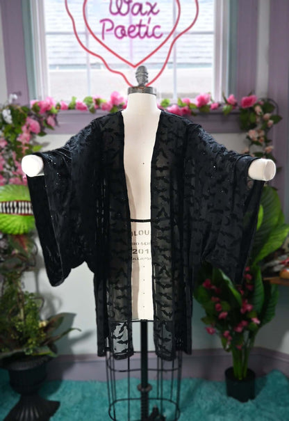 BLACK BAT MOON FLOCKED SPARKLE MESH KIMONO