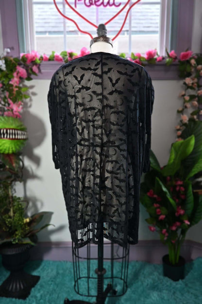 BLACK BAT MOON FLOCKED SPARKLE MESH KIMONO