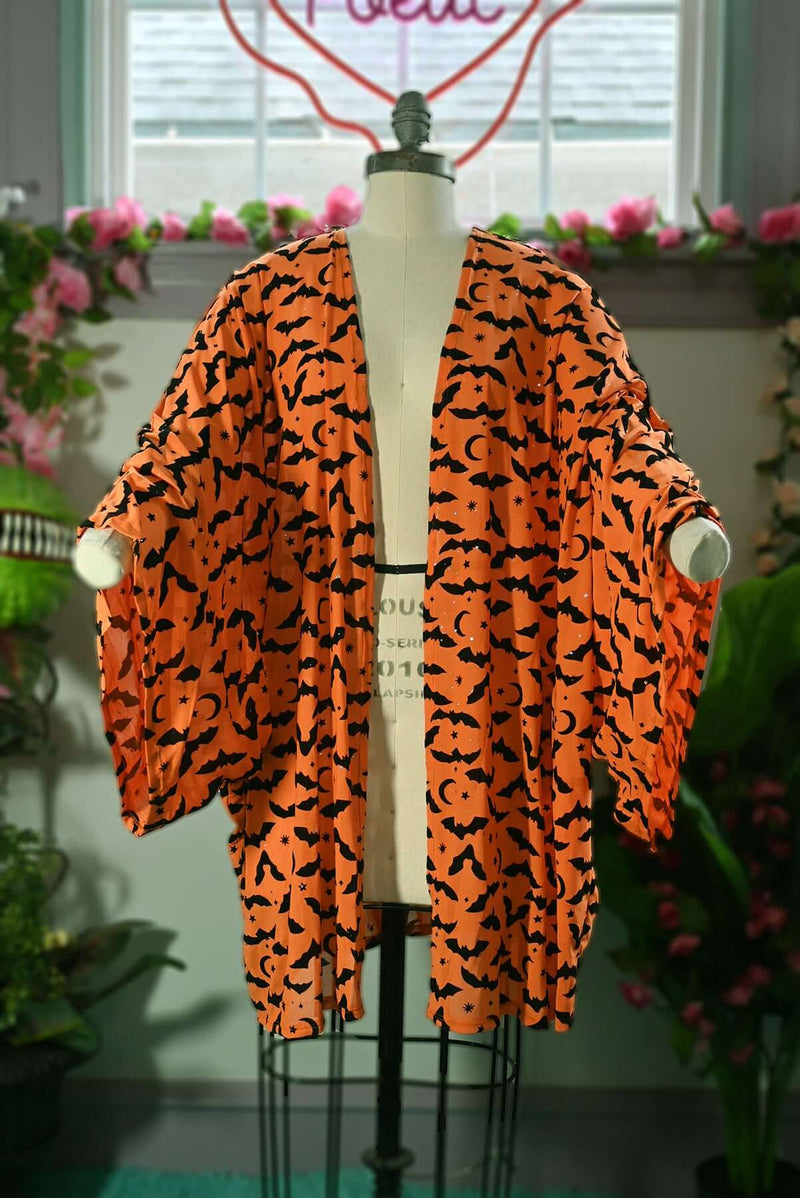 Orange Queen of Halloween Flocked Sparkle Mesh Kimono