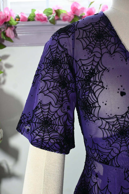 violet spiderweb flocked mesh wrap dress