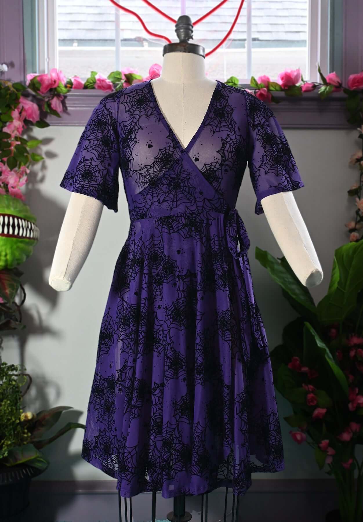 violet spiderweb flocked mesh wrap dress