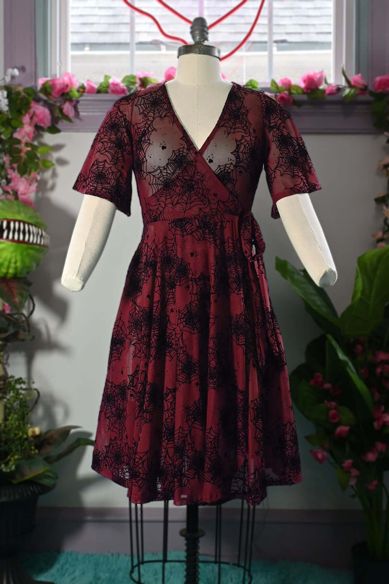 oxblood spiderweb flocked mesh wrap dress