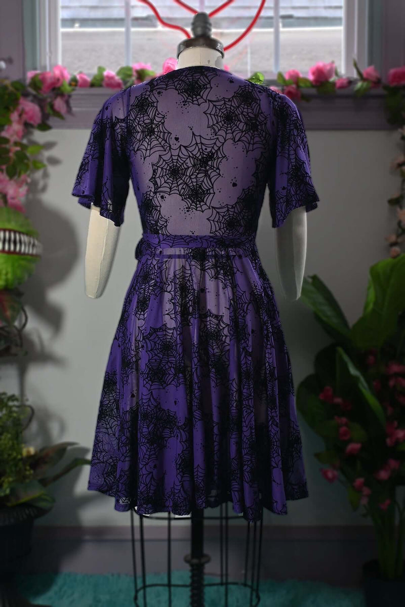violet spiderweb flocked mesh wrap dress