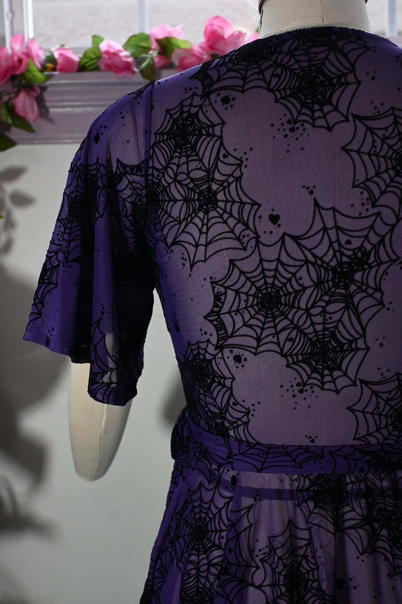 violet spiderweb flocked mesh wrap dress