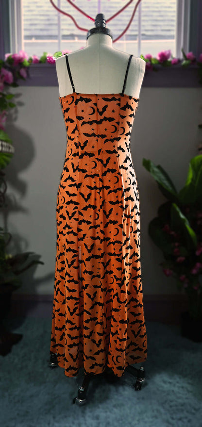 LILY ORANGE SLIP DRESS IN SPARKLE FLOCKED BAT MOON MESH