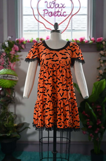 queen of halloween orange black bat baby doll dress