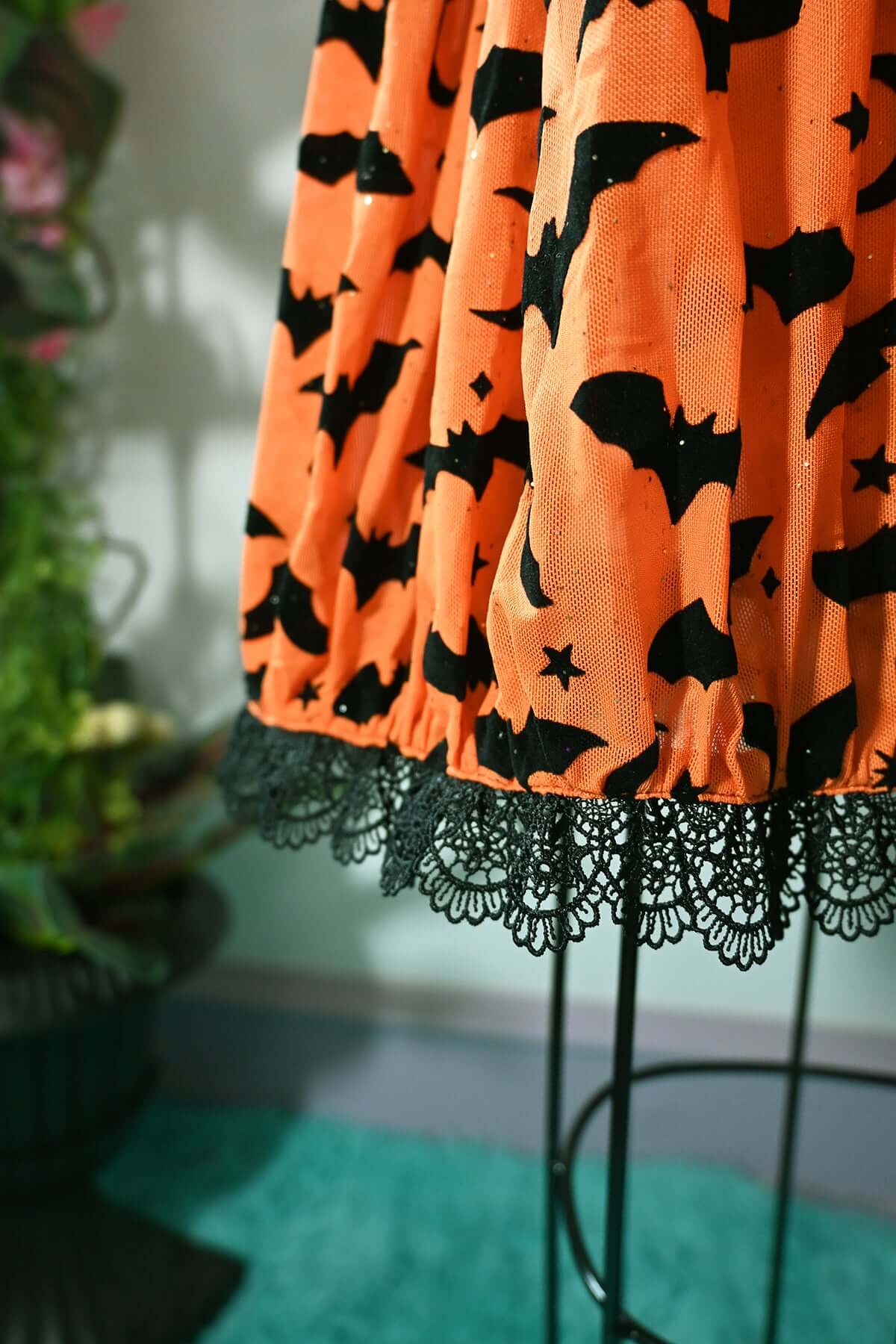 Raven Dress in Orange Queen of Halloween Flocked Sparkle Mesh