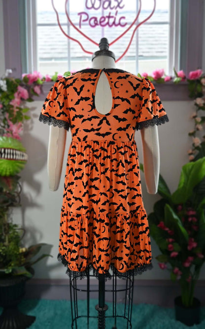 queen of halloween orange black bat baby doll dress