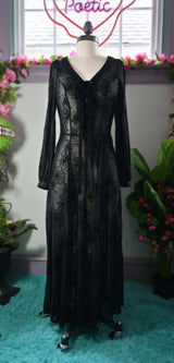 BLACK PENNY MAXI DRESS WITH BISHOP SLEEVES AND FLOCKED SPIDERWEB MESH