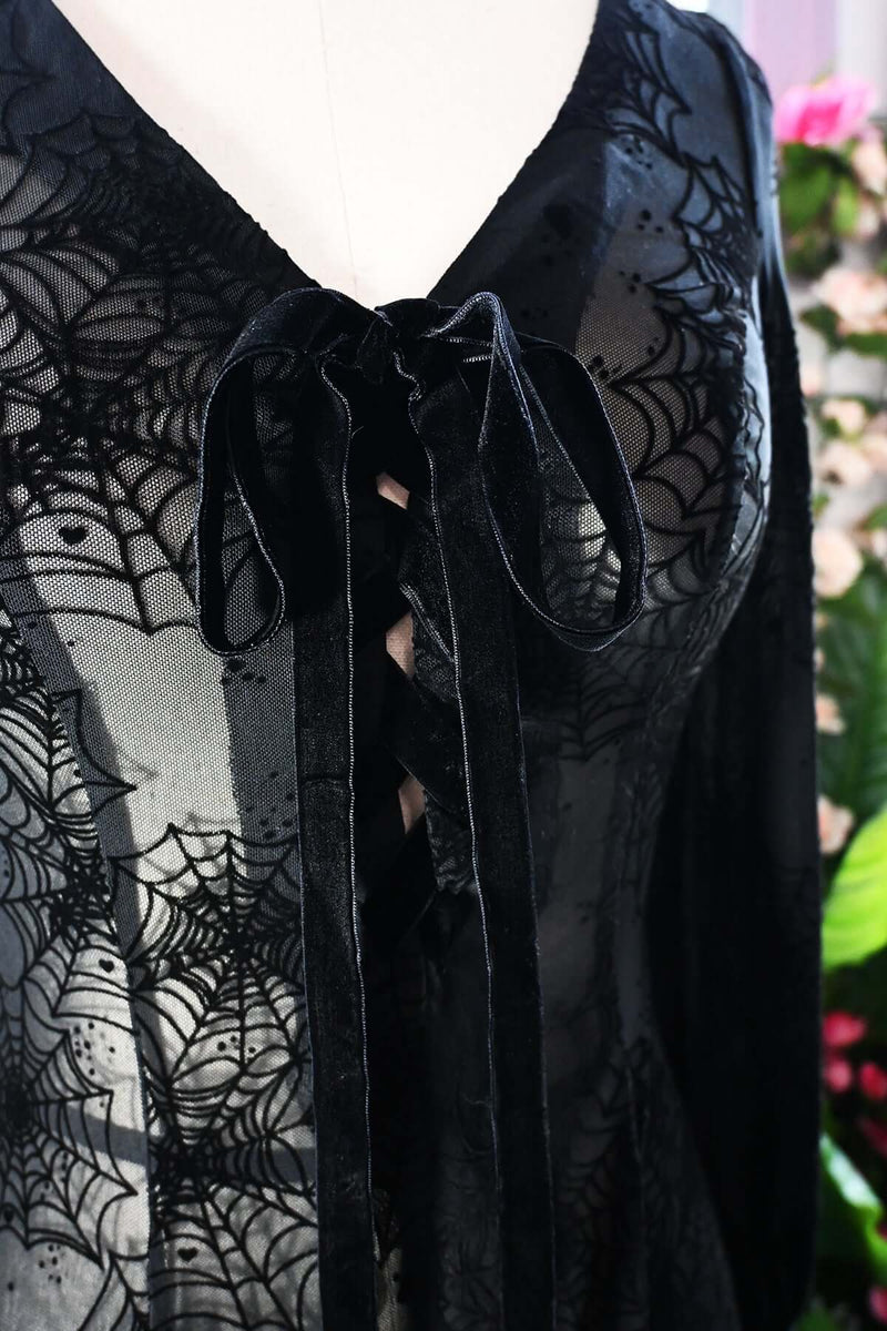BLACK PENNY MAXI DRESS WITH BISHOP SLEEVES AND FLOCKED SPIDERWEB MESH