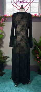 BLACK PENNY MAXI DRESS WITH BISHOP SLEEVES AND FLOCKED SPIDERWEB MESH