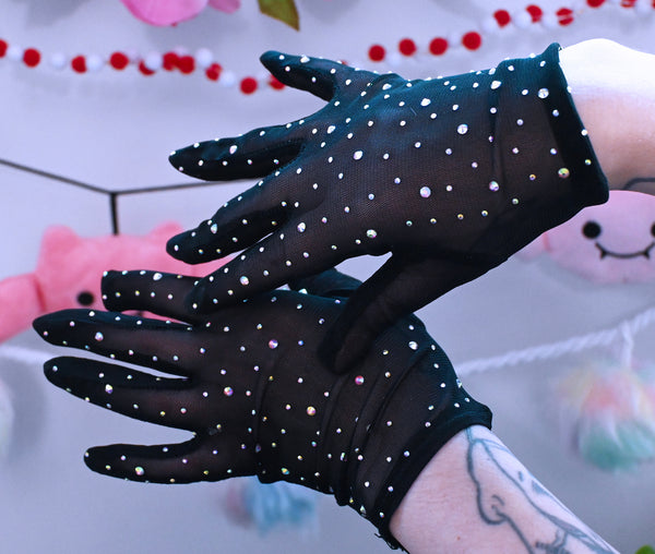 Black Mesh Rhinestone Gloves