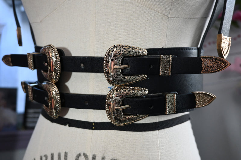 Faux Leather Harness with Western Filigree Buckle Details