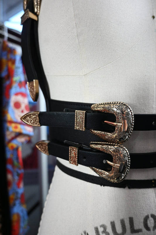 Faux Leather Harness with Western Filigree Buckle Details