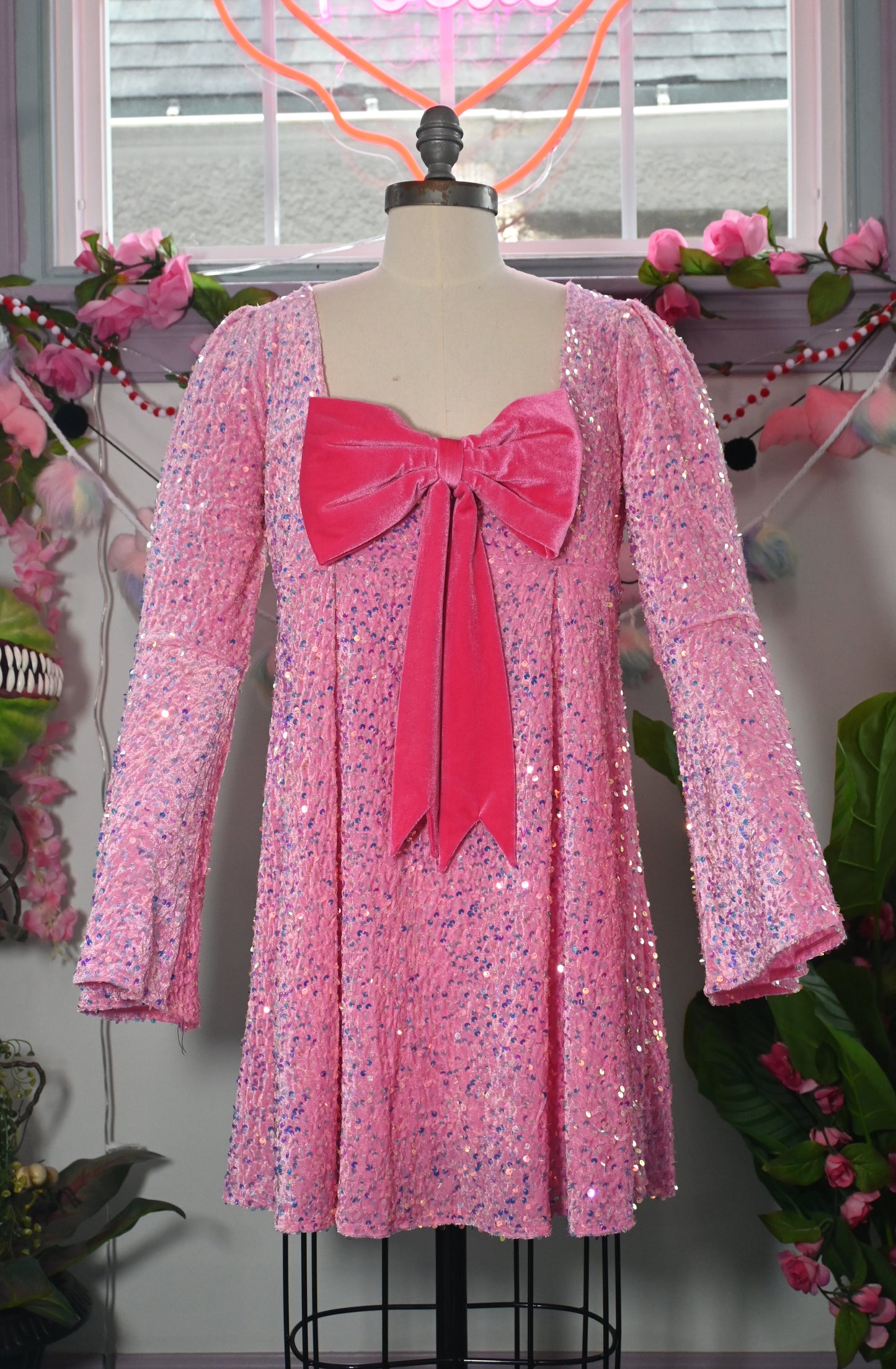 Priscilla 60's Bell Sleeve Sequin Velvet Mini Dress in Pink