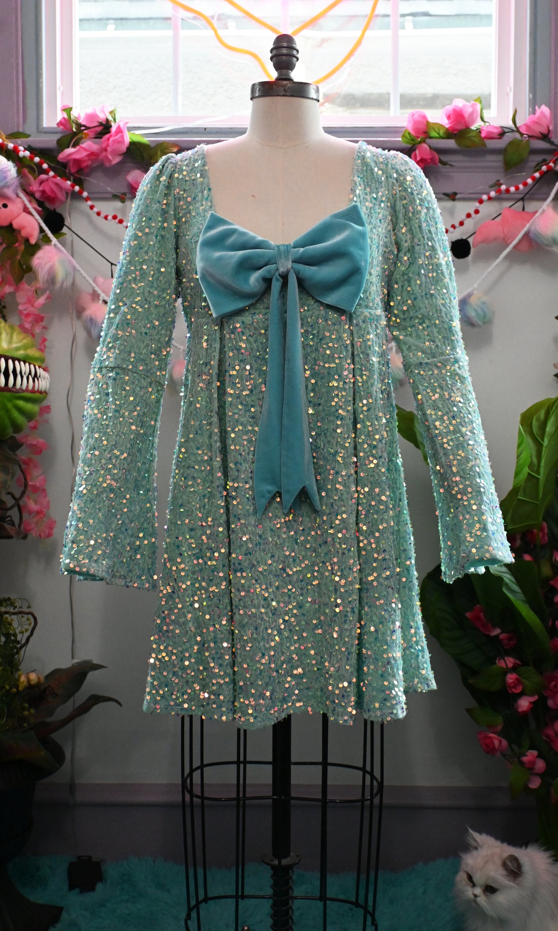 Priscilla 60's Bell Sleeve Sequin Velvet Mini Dress in Seafoam - XS Priscilla 60's Bell Sleeve Sequin Velvet Mini Dress in Seafoam - XS