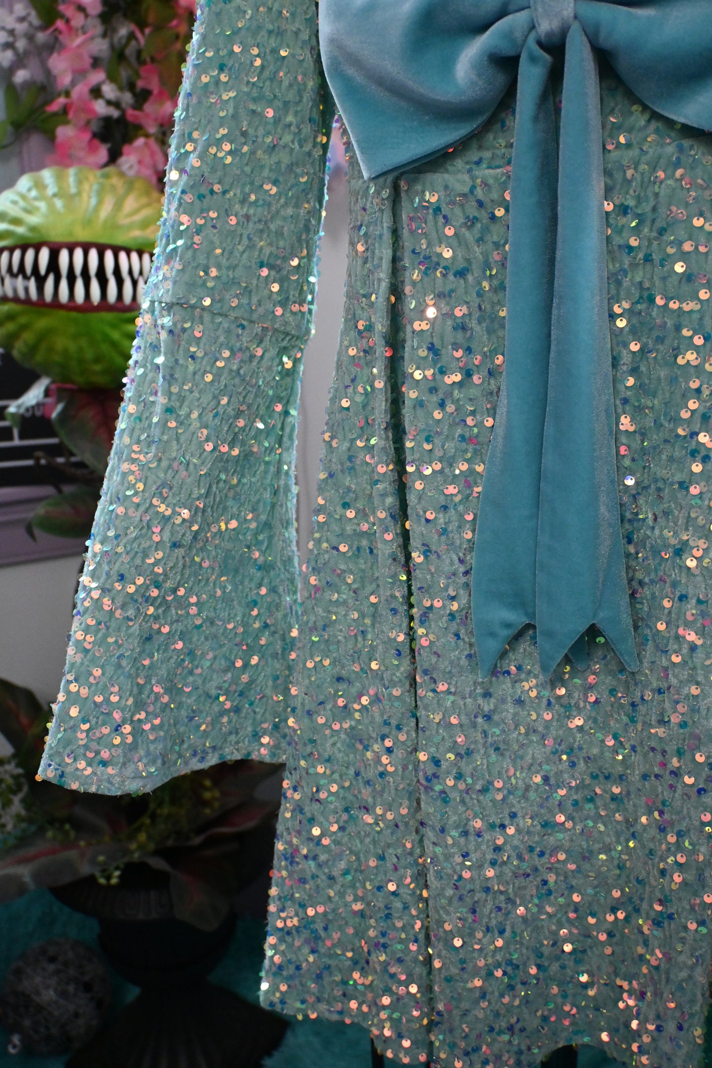 *PREORDER* Priscilla 60's Bell Sleeve Sequin Velvet Mini Dress in Seafoam