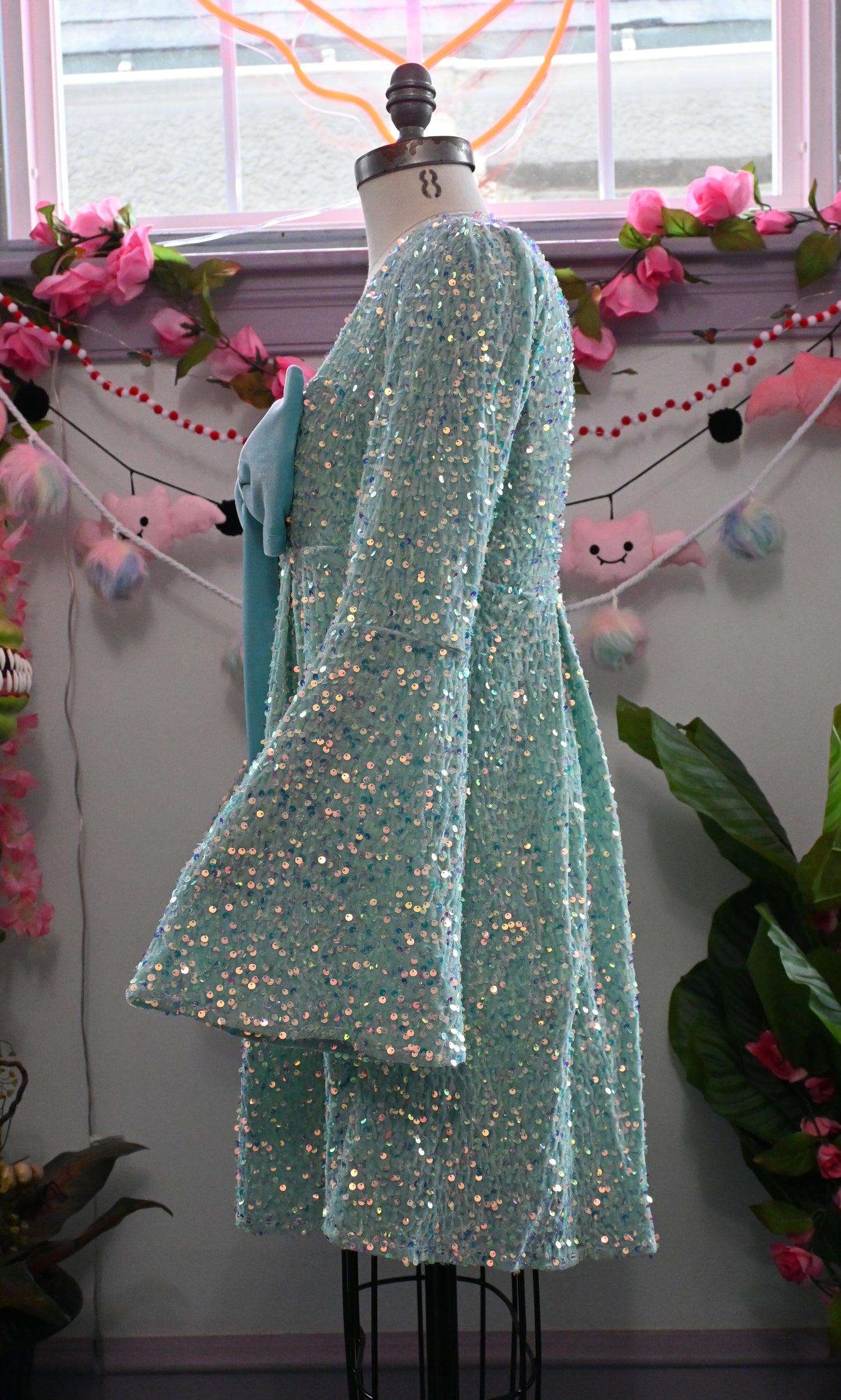 *PREORDER* Priscilla 60's Bell Sleeve Sequin Velvet Mini Dress in Seafoam