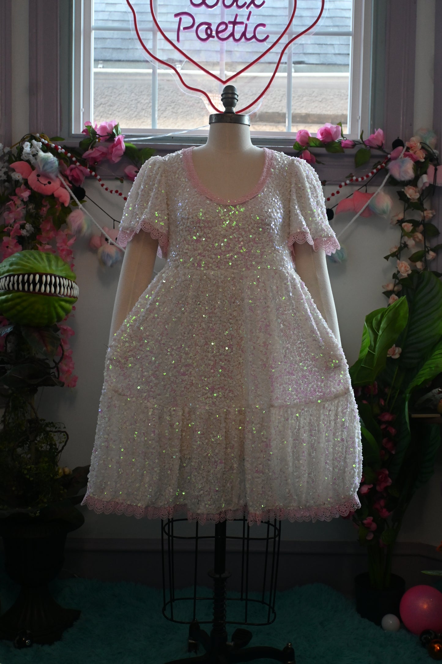 White Pink Sequin Raven dress SAMPLE SIZE L