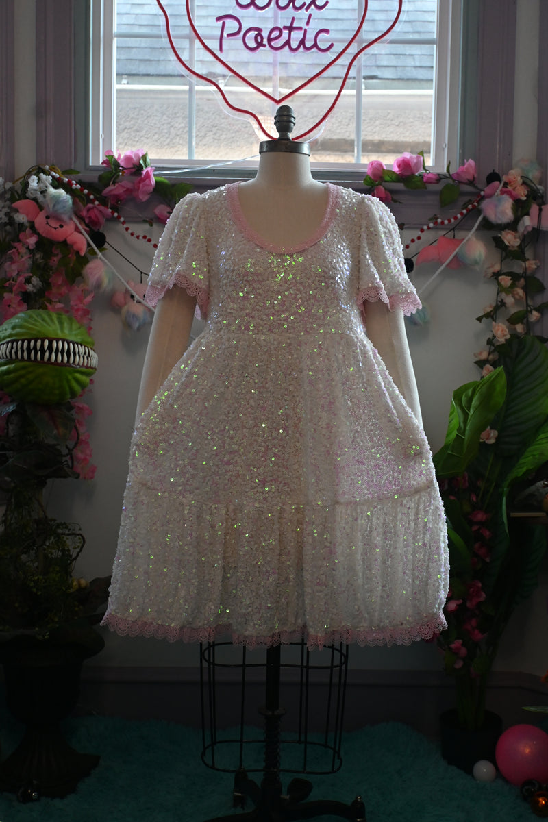 White Pink Sequin Raven dress SAMPLE SIZE L