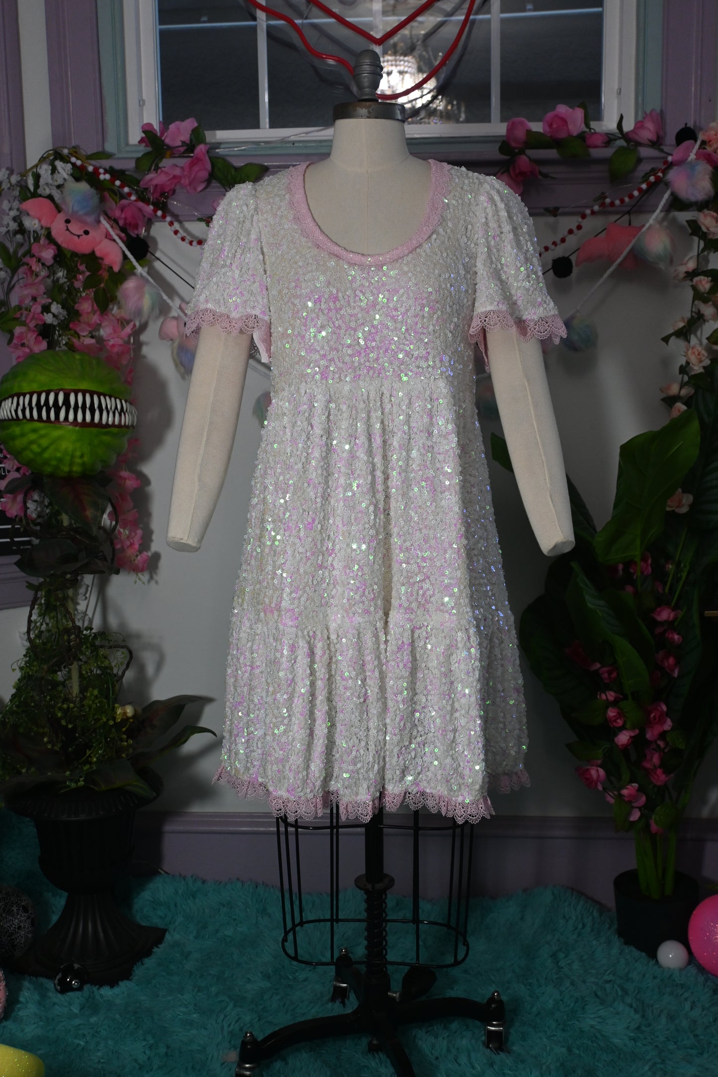 White Pink Sequin Raven dress SAMPLE SIZE L