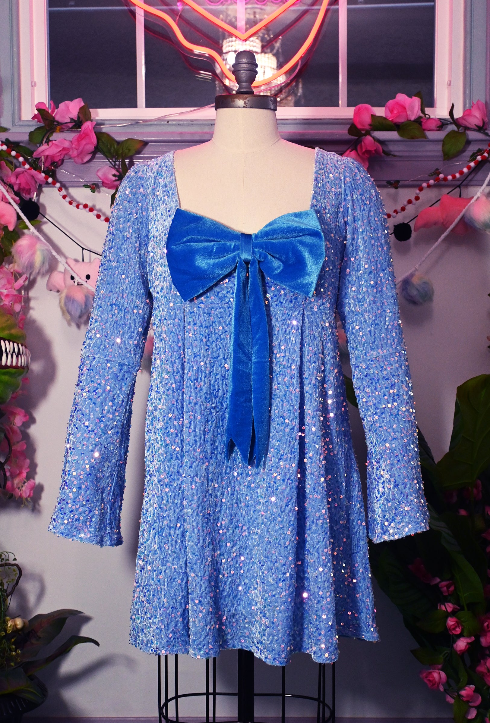 wax for sequin dress Priscilla 60's Bell Sleeve Sequin Velvet Mini Dress in Periwinkle Blue