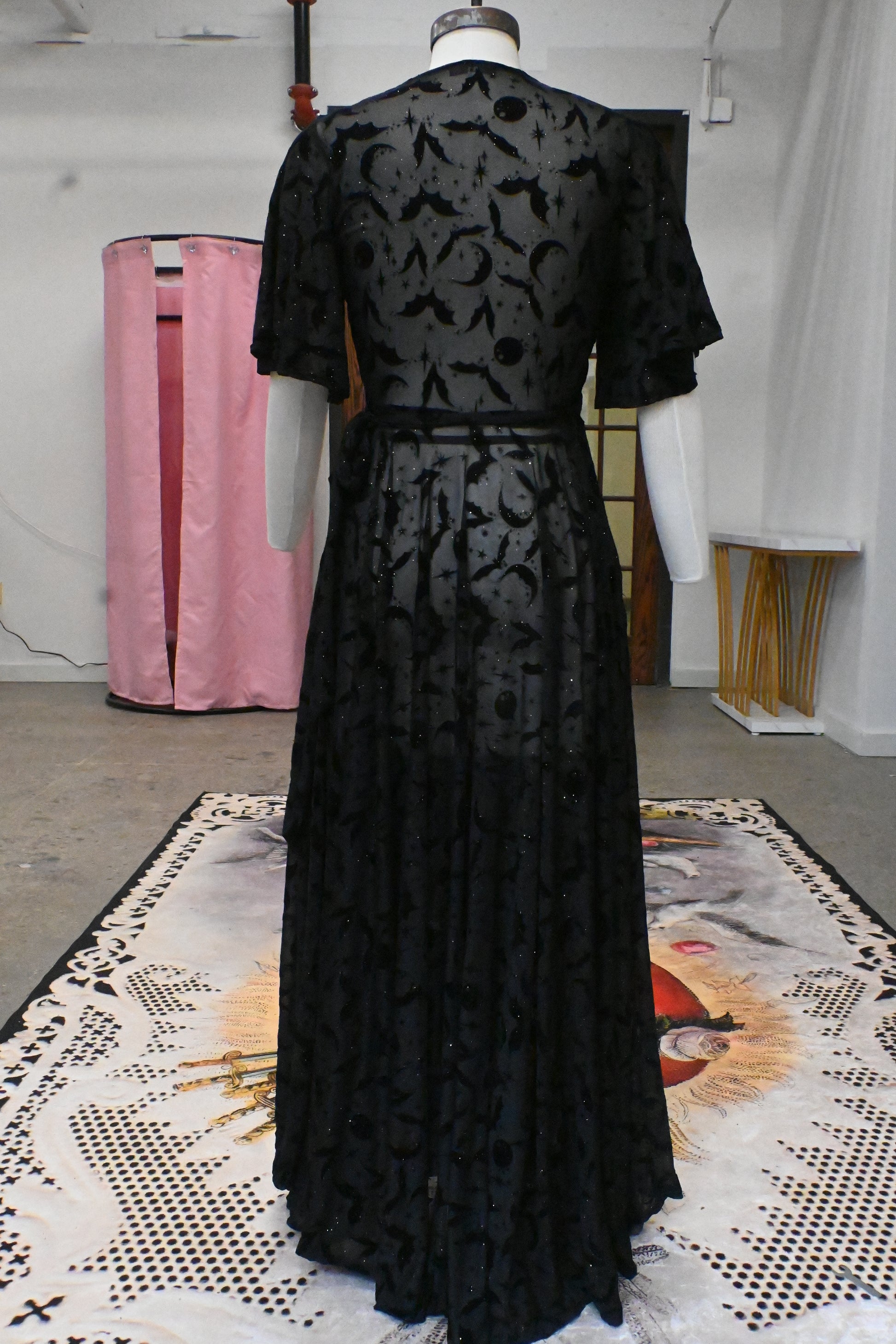 Black Lydia wrap dress in Flocked Spiderwebs