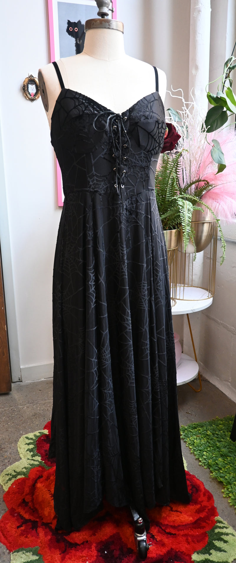 Gothic black spiderweb burnout velvet dress with adjustable straps and lace-up front, featuring a matching bolero.