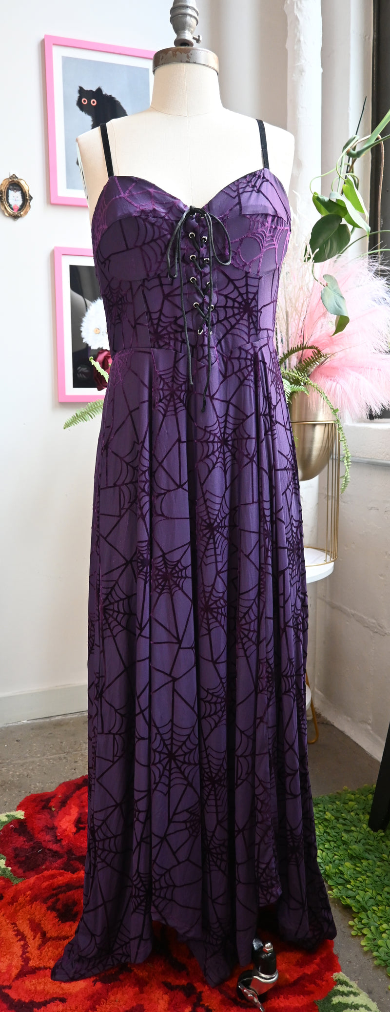 Violet velvet burnout spiderweb dress with lace-up front and adjustable straps, matched with a charming bolero.