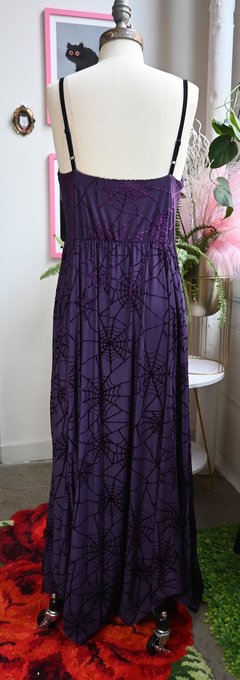 Back view of Willow Dress in violet, featuring spiderweb fabric, adjustable straps, and flowy design with matching bolero.