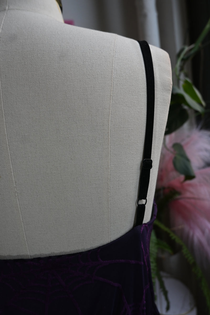 Close-up of adjustable black velvet strap on the back of the Willow Dress in violet, showcasing elegant design.