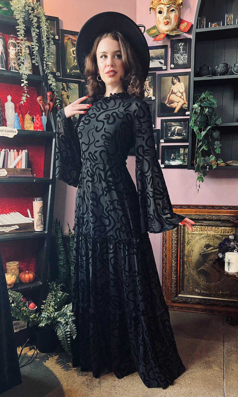 Sloane - Velvet Flocked Snake Maxi Dress with Bell Sleeves - by Witchwood Bags