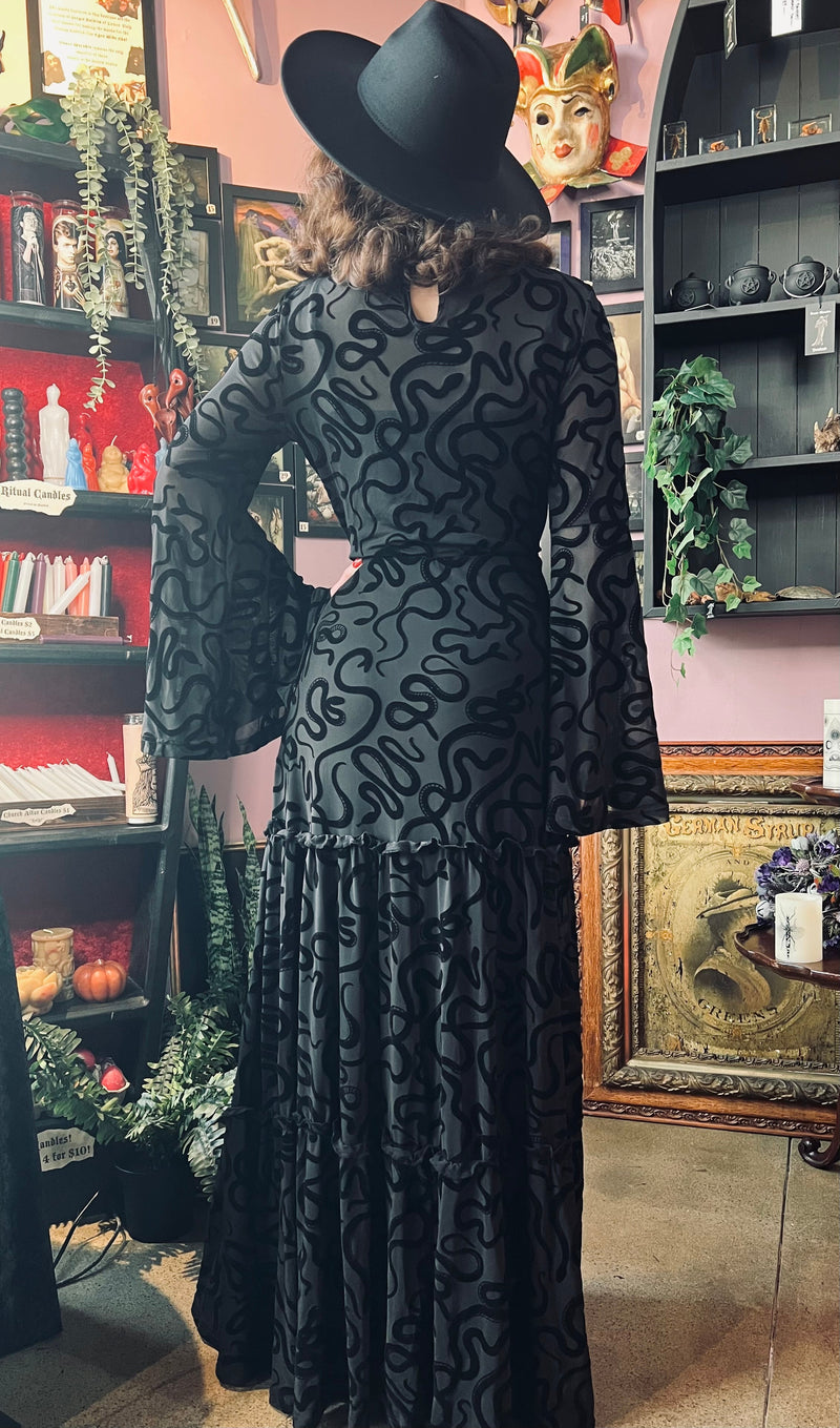 Sloane - Velvet Flocked Snake Maxi Dress with Bell Sleeves - by Witchwood Bags