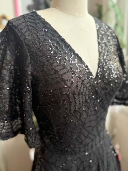 Floor length black gown with black sequin, spiderweb, sewing throughout