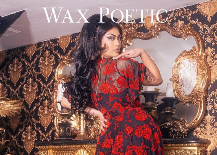 Woman in a red and black patterned dress standing in an ornate room with 'Wax Poetic' branding.