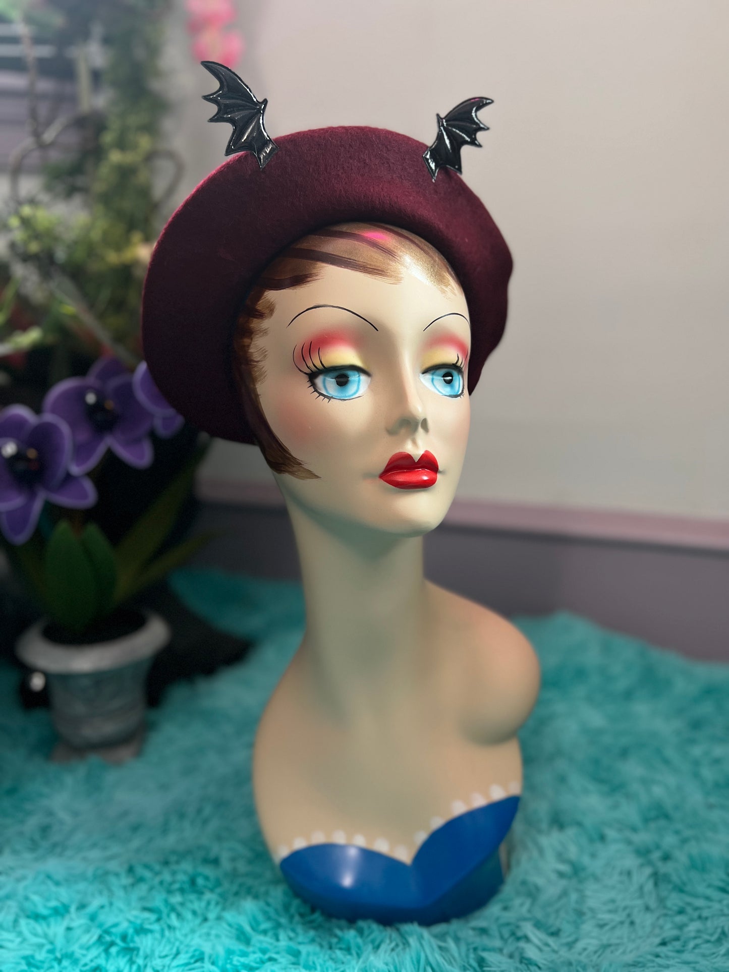 Burgundy Wool Felt Batty Beret from Blessed By Lilith
