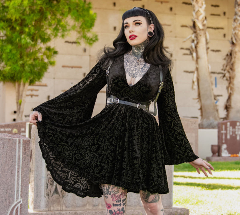 Witchwood Bags Nyx - Bell Sleeved Velvet Damask Dress with Harness