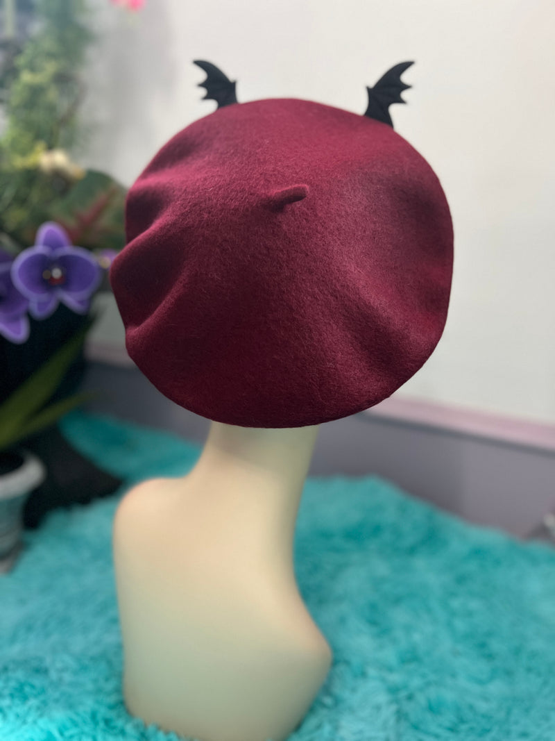 Burgundy Wool Felt Batty Beret from Blessed By Lilith