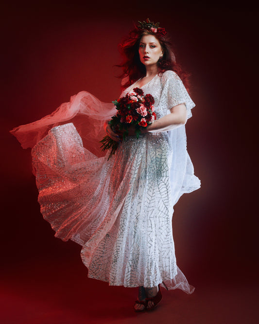 *PRE ORDER* Lydia Wrap Dress in White and Silver Sequin Spiderwebs