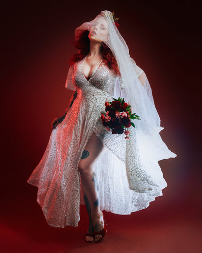 *PRE ORDER* Lydia Wrap Dress in White and Silver Sequin Spiderwebs